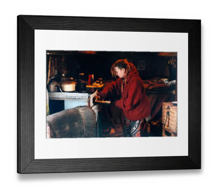 Framed Print : New Age traveller Chez at their camp near Consett, County Durham in February 1996 Framed Print : New Age traveller Chez at their camp near Consett, County Durham in February 1996