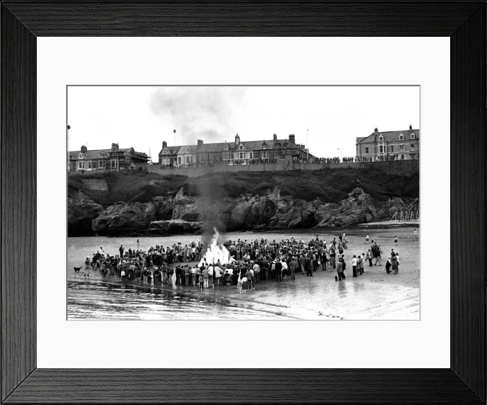 Framed Print : Models of Viking longships are burnt on the beach at Cullercoats Bay in July 1980