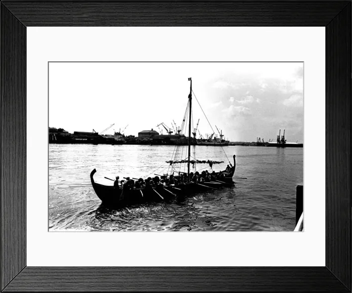 Framed Print : A Viking longboat arriving on the river Tyne for the Newcastle Regatta in July 1980
