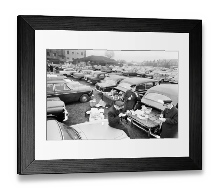Framed Print : Chauffers enjoy a spot of lunch in the West Car Park at Twickenham whilst their Framed Print : Chauffers enjoy a spot of lunch in the West Car Park at Twickenham whilst their