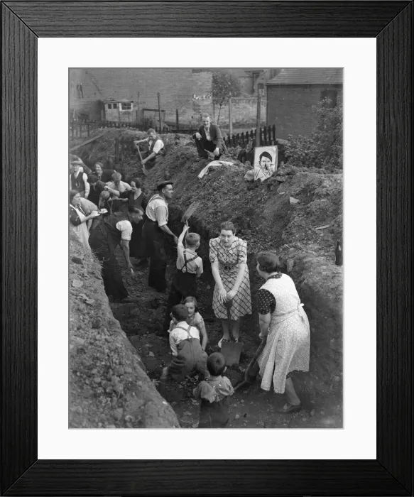 Framed Print : Eastenders seen here digging a trench for a communal air raid shelter in their back Framed Print : Eastenders seen here digging a trench for a communal air raid shelter in their back