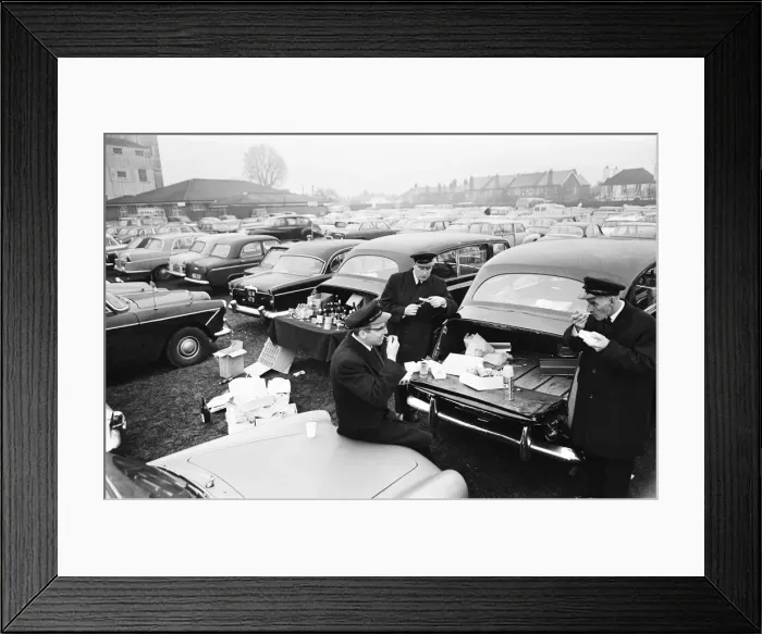 Framed Print : Chauffers enjoy a spot of lunch in the West Car Park at Twickenham whilst their Framed Print : Chauffers enjoy a spot of lunch in the West Car Park at Twickenham whilst their
