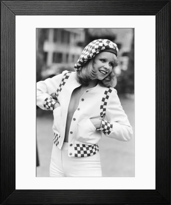 Framed Print : Model Jo Howard pictured wearing Oxford bags and battle blouse - Ready To Wear fashions Framed Print : Model Jo Howard pictured wearing Oxford bags and battle blouse - Ready To Wear fashions