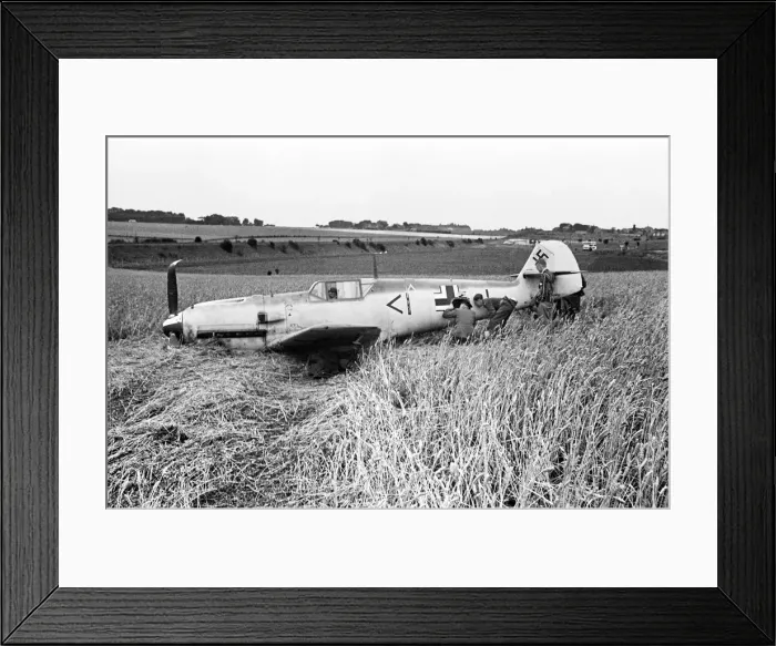 Framed Print : Members of the RAF technical team examine a downed Messerschmitt BF109 during the Battle Framed Print : Members of the RAF technical team examine a downed Messerschmitt BF109 during the Battle