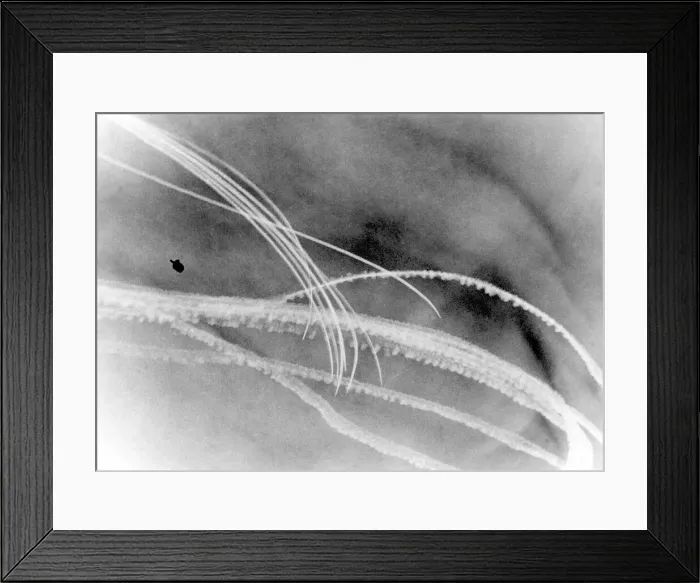 Framed Print : Vapour trails left by enemy aircraft as they are engaged by RAF fighters following a hit Framed Print : Vapour trails left by enemy aircraft as they are engaged by RAF fighters following a hit