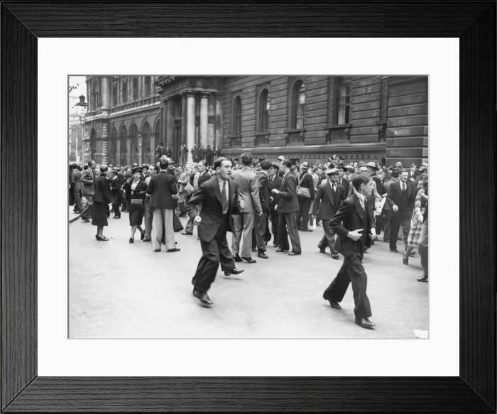 Framed Print : Crowds leaving Downing Street after an air raid warning