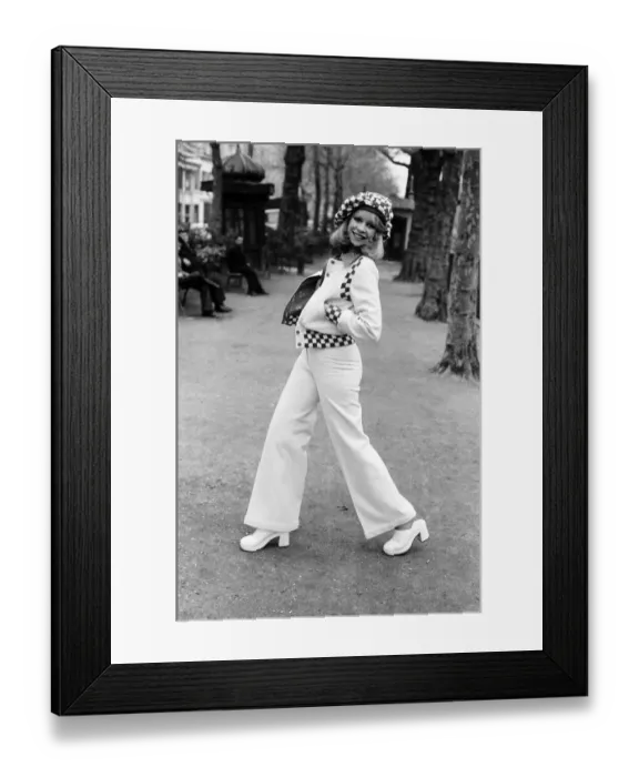 Framed Print : Model Jo Howard pictured wearing Oxford bags and battle blouse - Ready To Wear fashions Framed Print : Model Jo Howard pictured wearing Oxford bags and battle blouse - Ready To Wear fashions