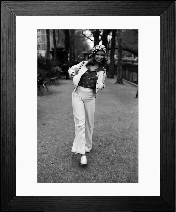 Framed Print : Model Jo Howard pictured wearing Oxford bags and battle blouse - Ready To Wear fashions Framed Print : Model Jo Howard pictured wearing Oxford bags and battle blouse - Ready To Wear fashions