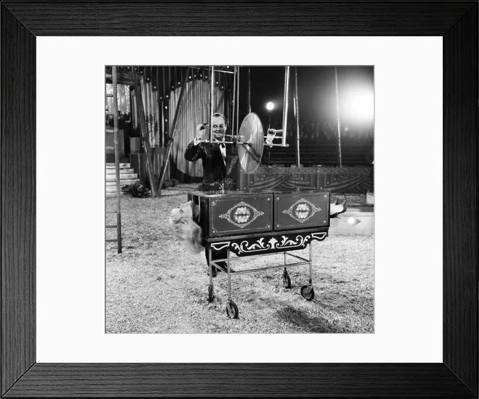 Framed Print : Filming of Circus of blood. Diana Dors is sawn in half 31st October Framed Print : Filming of Circus of blood. Diana Dors is sawn in half 31st October