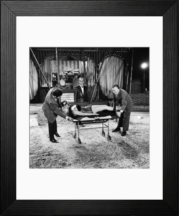 Framed Print : Filming of Circus of blood. Diana Dors is sawn in half 31st October