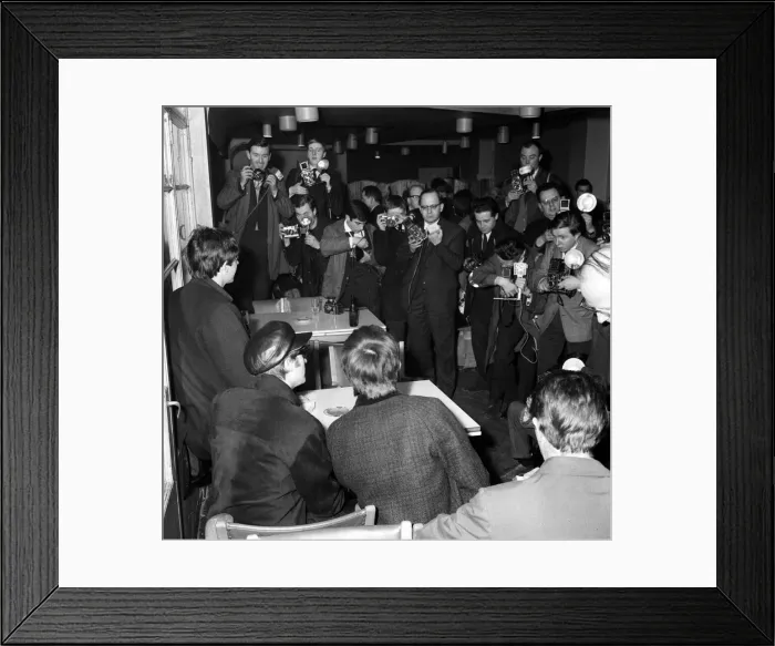 Framed Print : Beatles left to right: Paul McCartney, John Lennon and George Harrison at a press Framed Print : Beatles left to right: Paul McCartney, John Lennon and George Harrison at a press