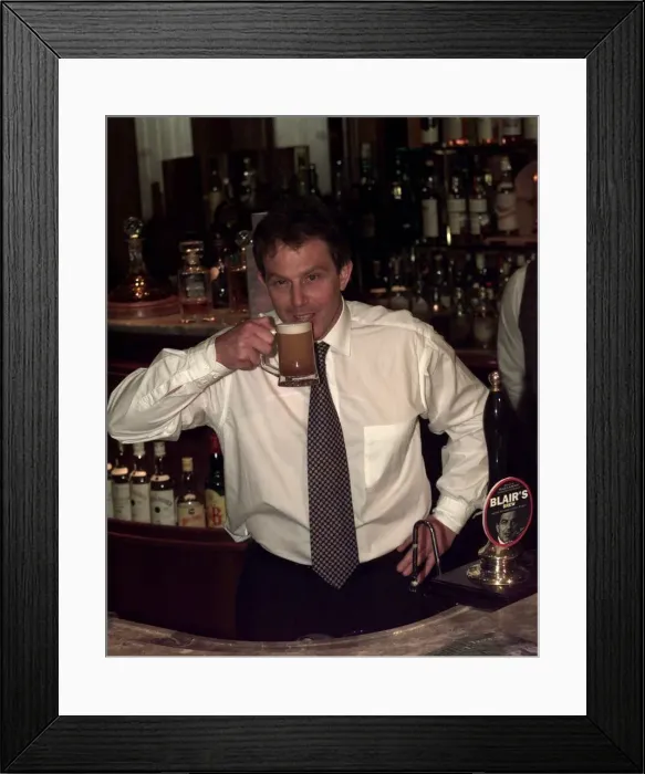 Framed Print : Tony Blair about to drink Blairs Brew Special beer, April 1997 Framed Print : Tony Blair about to drink Blairs Brew Special beer, April 1997