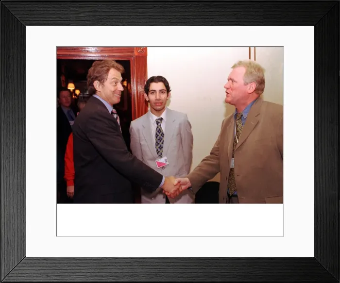 Framed Print : Tony Blair shakes hands with Bob Shields as Alan Cheyne looks on October 1998 Labour