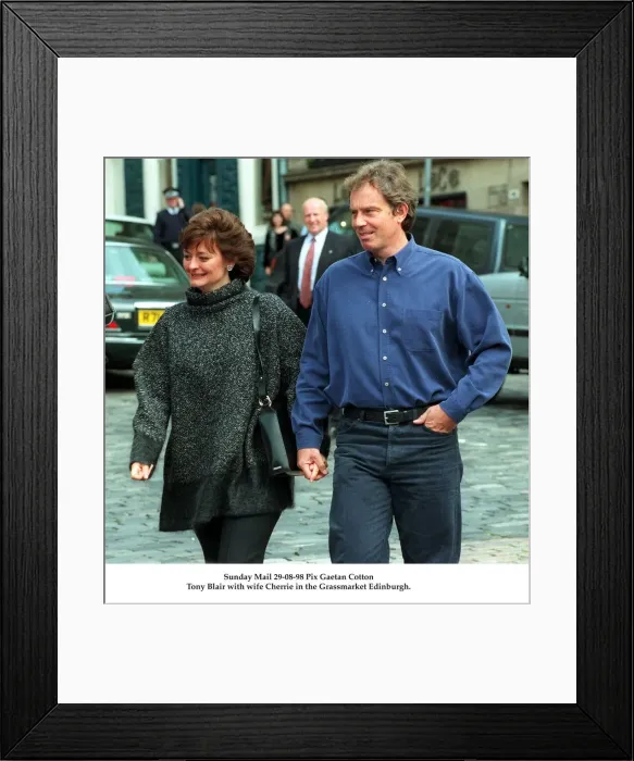 Framed Print : Tony Blair and wife Cherie hand in hand August 1998 in the Grassmarket Edinburgh Framed Print : Tony Blair and wife Cherie hand in hand August 1998 in the Grassmarket Edinburgh