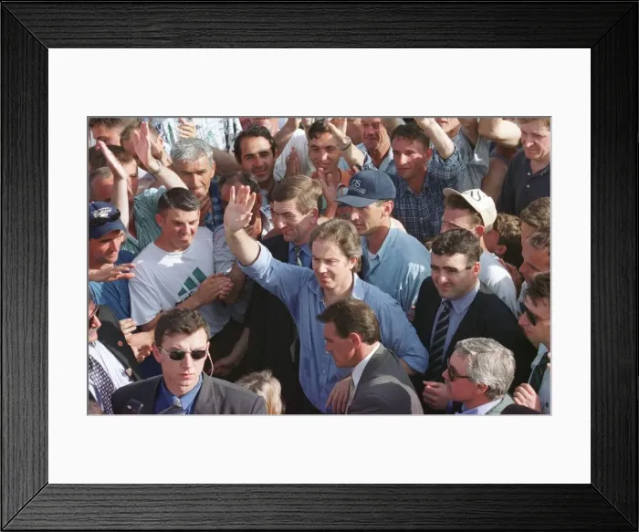 Framed Print : Tony Blair in Brazda Refugee Camp, Macedonia April 1999 during visit to Kosovo