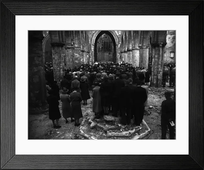 Framed Print : Church service in bombed out Norwich Cathedral during WW2 Framed Print : Church service in bombed out Norwich Cathedral during WW2