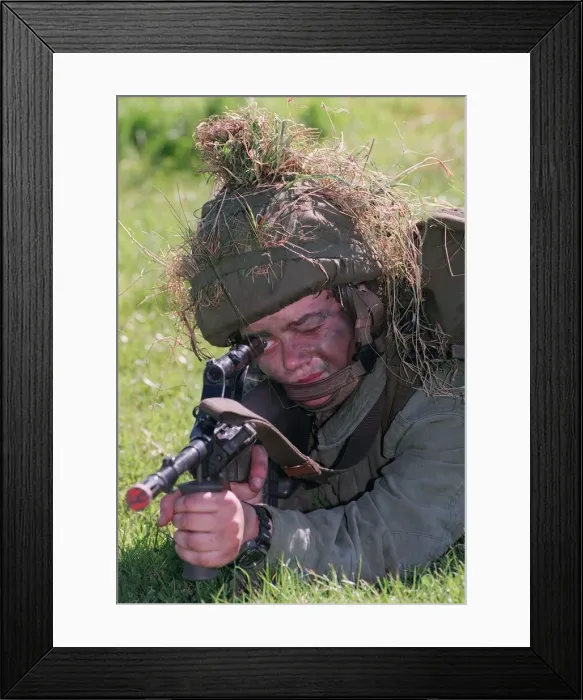 Framed Print : February 1999 Soldier in camouflage with grass on his helmet laying on the ground