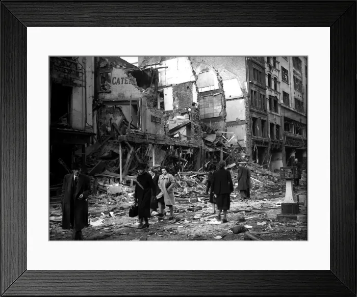 Framed Print : Bomb damage in London during WW2 people walking past detroyed buildings Framed Print : Bomb damage in London during WW2 people walking past detroyed buildings