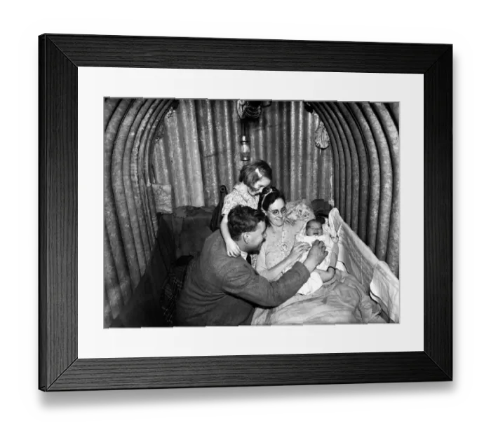 Framed Print : Family inside Air Raid Shelter during WW2