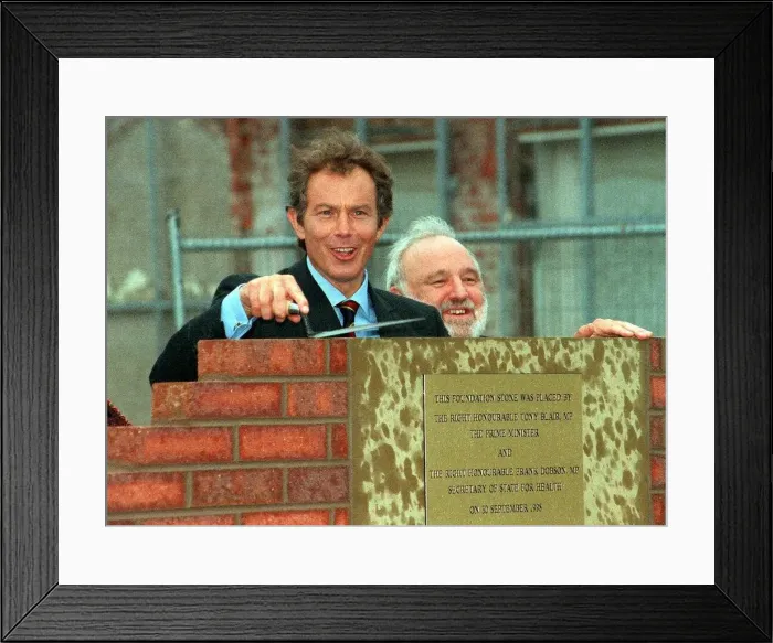 Framed Print : Prime Minister Tony Blair and Frank Dobson (only just) lay a foundation stone for new
