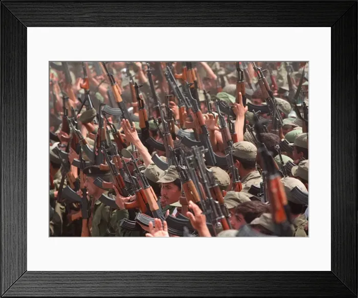 Framed Print : Volunteer Reserve Army in Iraq May 1998 crowds of soldiers with guns raised Framed Print : Volunteer Reserve Army in Iraq May 1998 crowds of soldiers with guns raised