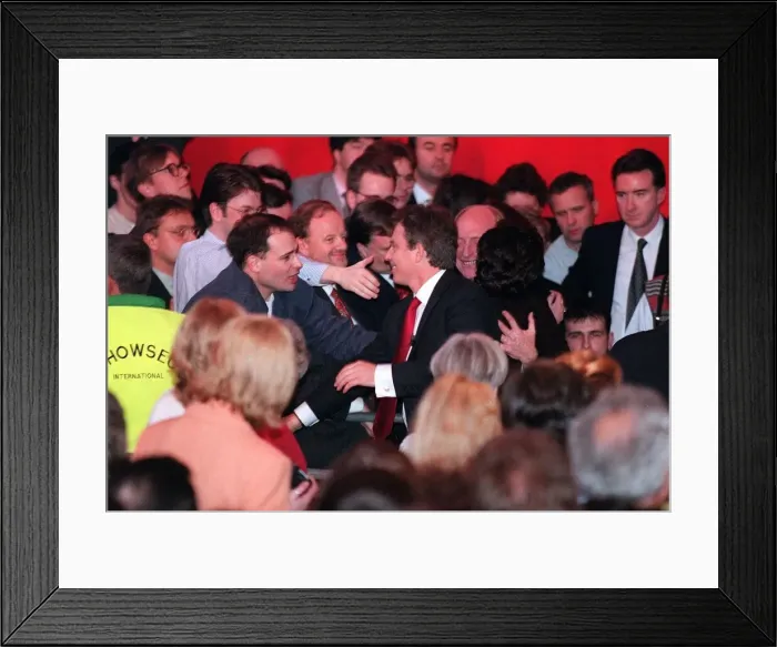 Framed Print : Tony Blair at Festival Hall General Election May 1997. Tony Blair shakes hands with