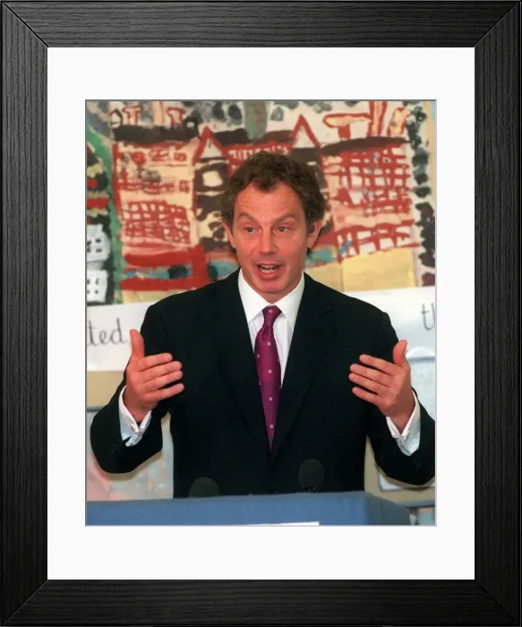 Framed Print : Tony Blair at a school in Camden July 1998, pledging 19 Billion Pounds for Education