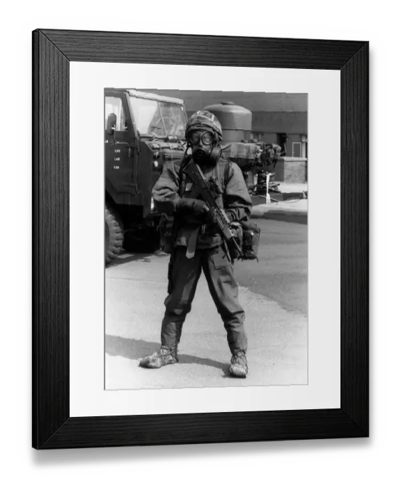 Framed Print : British soldier wearing chemical warfare suit August 1990 at RAF Coltishall Framed Print : British soldier wearing chemical warfare suit August 1990 at RAF Coltishall