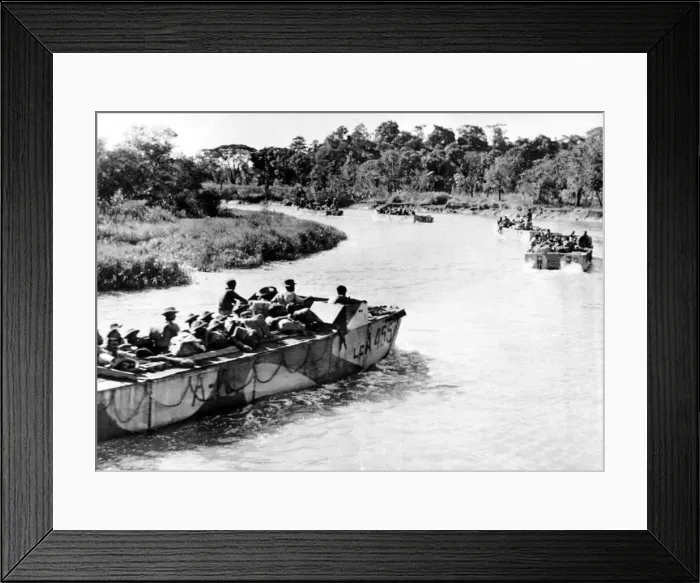 Framed Print : WW2 RIN landing craft carry Indian January 1945 soldiers along a tributary near Framed Print : WW2 RIN landing craft carry Indian January 1945 soldiers along a tributary near