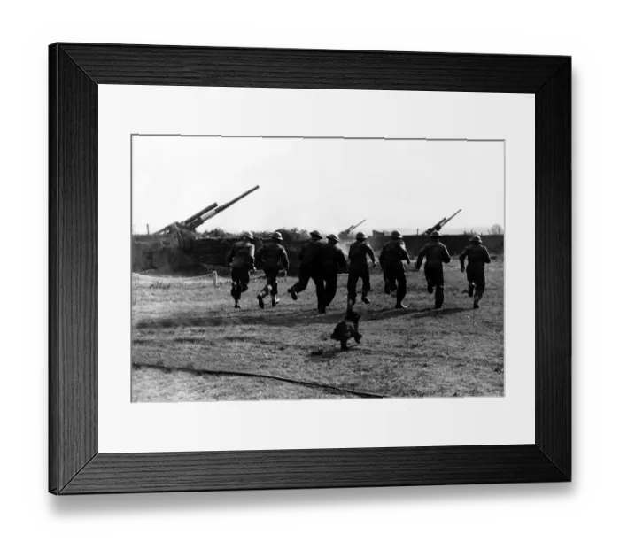 Framed Print : WW2 The crews of an anti aircraft gun battery run to man their guns followed by their