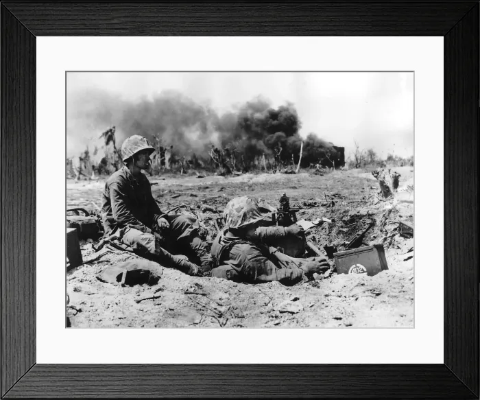 Framed Print : WW2 US marines on Namur Island 1944 Two marines relax in a machine gun nest Framed Print : WW2 US marines on Namur Island 1944 Two marines relax in a machine gun nest