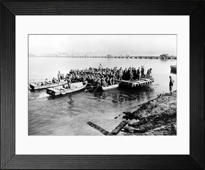 Framed Print : US army ferry German prisoners of war across the Rhine. US supplies cross by bridge Framed Print : US army ferry German prisoners of war across the Rhine. US supplies cross by bridge