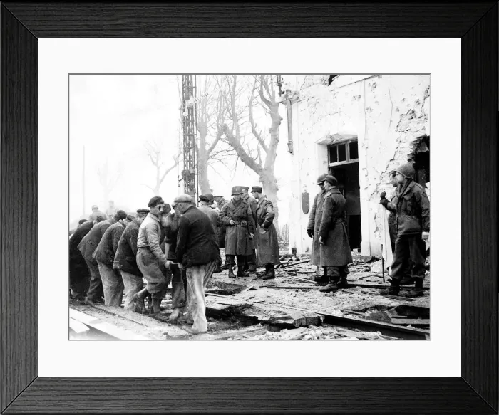 Framed Print : German American and French officers watch workmen replace the railway lines so that Framed Print : German American and French officers watch workmen replace the railway lines so that