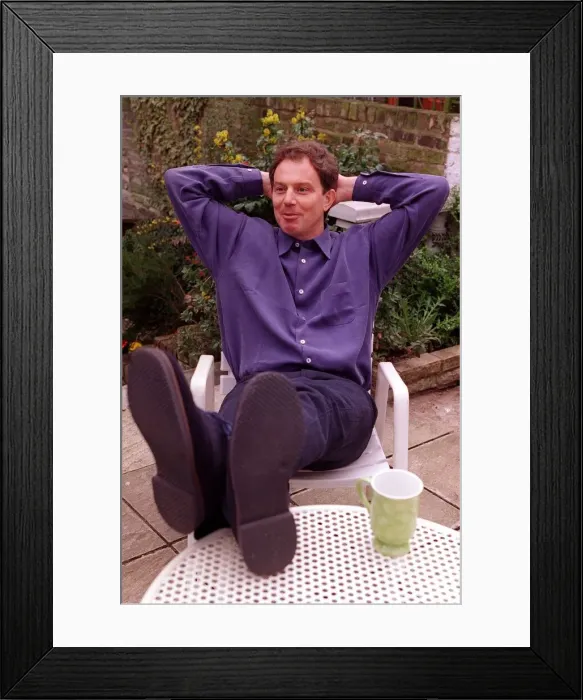 Framed Print : Tony Blair Labour Party leader relaxing at home sitting in garden with feet up Framed Print : Tony Blair Labour Party leader relaxing at home sitting in garden with feet up