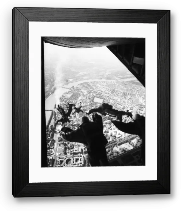 Framed Print : Royal Air Force Parachutists display team leaping out of an aeroplane