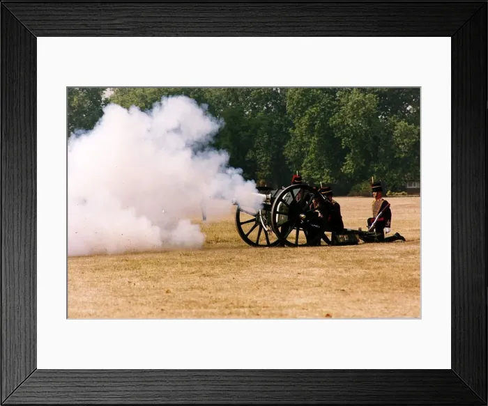 Framed Print : Army Regiments Royal Artilliary gun salute in Hyde Park for the Queen Mothers ninetieth