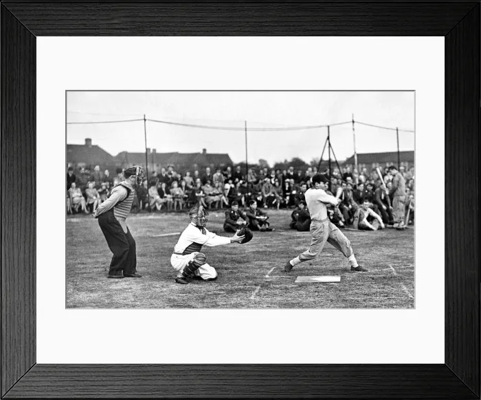 Framed Print : Canadian army v Us Army air force take part in a game of baseball at the Hounslow Cricket Framed Print : Canadian army v Us Army air force take part in a game of baseball at the Hounslow Cricket