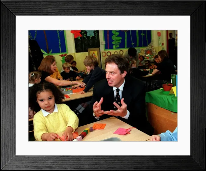 Framed Print : Tony Blair MP Prime Minister in the classroom during a visit to Sudbourne Primary School