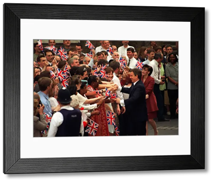 Framed Print : Tony & Cherie Blair shake hands with supporters May 1997 at 10 Downing Street after Framed Print : Tony & Cherie Blair shake hands with supporters May 1997 at 10 Downing Street after