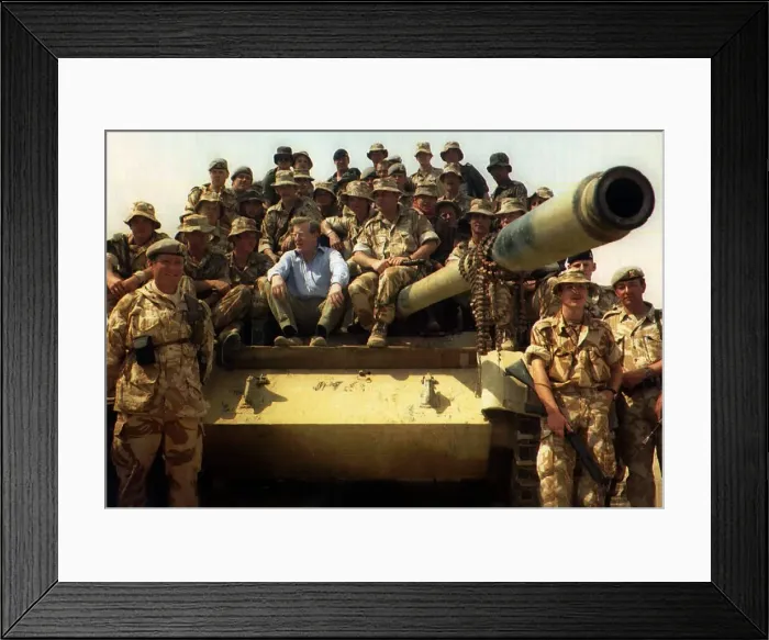 Framed Print : Tom King MP sits on a army tank with a group of soldiers Framed Print : Tom King MP sits on a army tank with a group of soldiers
