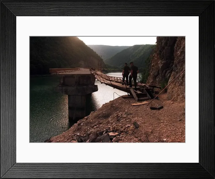 Framed Print : Bridge near Mrkonjic grad blown up by Nato - being reparied by British Troops