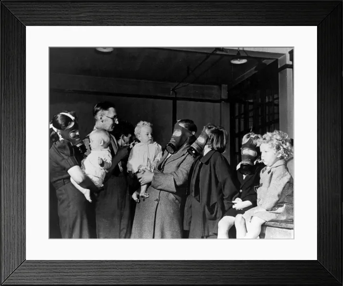 Framed Print : Mr Watkins and family being fitted with their gas masks at the guildhall in Kingston Upon Framed Print : Mr Watkins and family being fitted with their gas masks at the guildhall in Kingston Upon