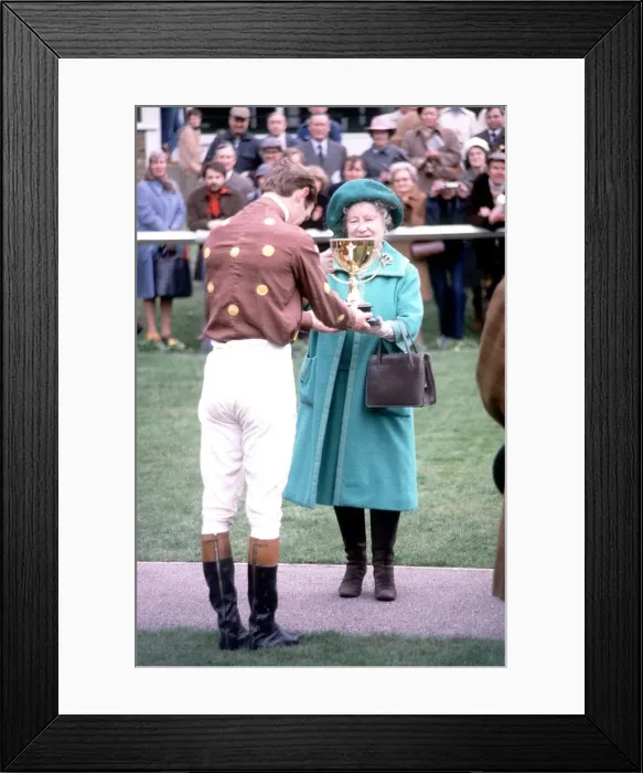 Framed Print : HRH Queen Elizabeth Queen Mother March 1981 presents the Grand Military Gold Cup to B Framed Print : HRH Queen Elizabeth Queen Mother March 1981 presents the Grand Military Gold Cup to B