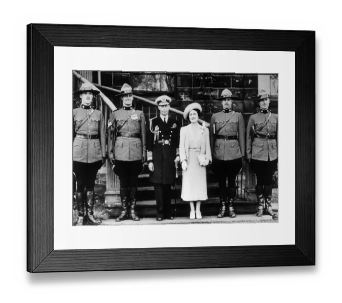 Framed Print : King George VI and Queen Elizabeth June 1933 with Four Canadian Mounted Police who were Framed Print : King George VI and Queen Elizabeth June 1933 with Four Canadian Mounted Police who were