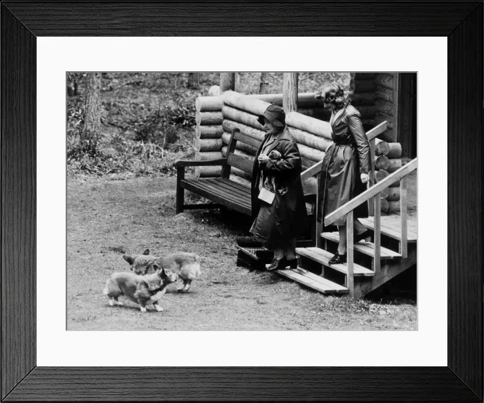 Framed Print : Queen Mother June 1983 and her Lady in waiting coming out of her Bothey with her beloved Framed Print : Queen Mother June 1983 and her Lady in waiting coming out of her Bothey with her beloved