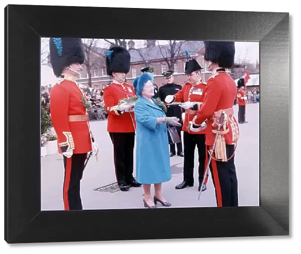 The Queen Mother presents Shamrock to the Irish Guards at Windsor, on St. Patricks Day