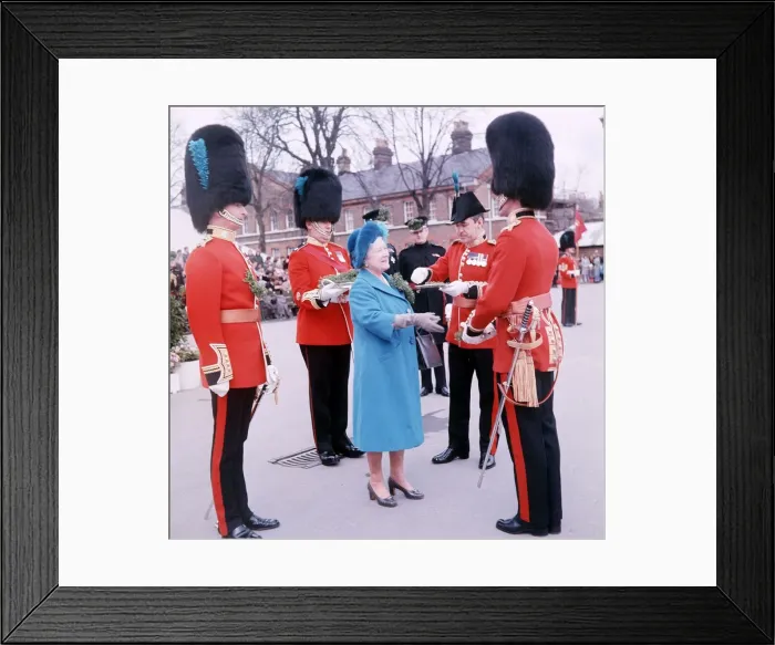 Framed Print : The Queen Mother presents Shamrock to the Irish Guards at Windsor, on St. Patricks Day Framed Print : The Queen Mother presents Shamrock to the Irish Guards at Windsor, on St. Patricks Day