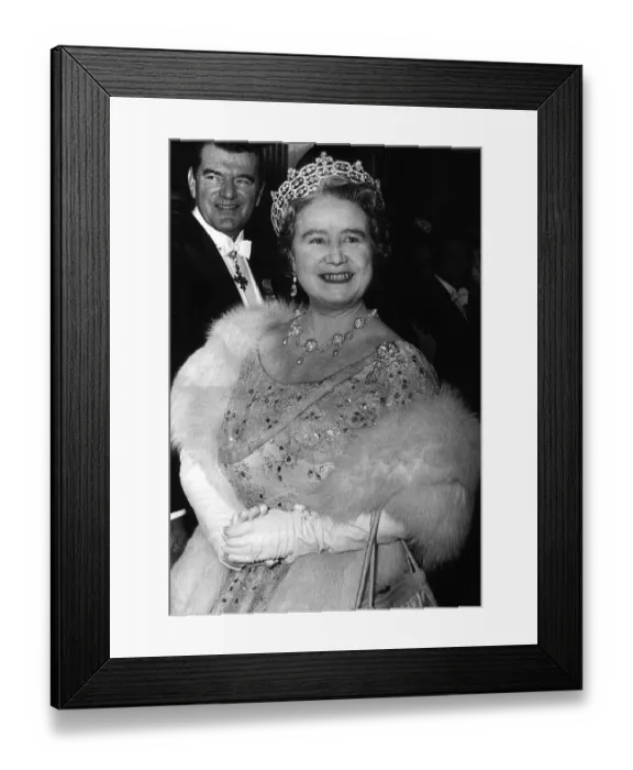 Framed Print : Queen Mother at the of the Film Premier of Lord Jim with film star Jack Hawkins in