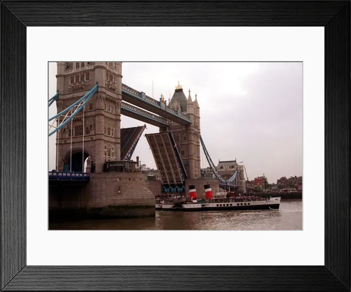 Framed Print : Waverley ferry sailing below the Tower Bridge to celebrate her 50th birthday crowds cheer Framed Print : Waverley ferry sailing below the Tower Bridge to celebrate her 50th birthday crowds cheer