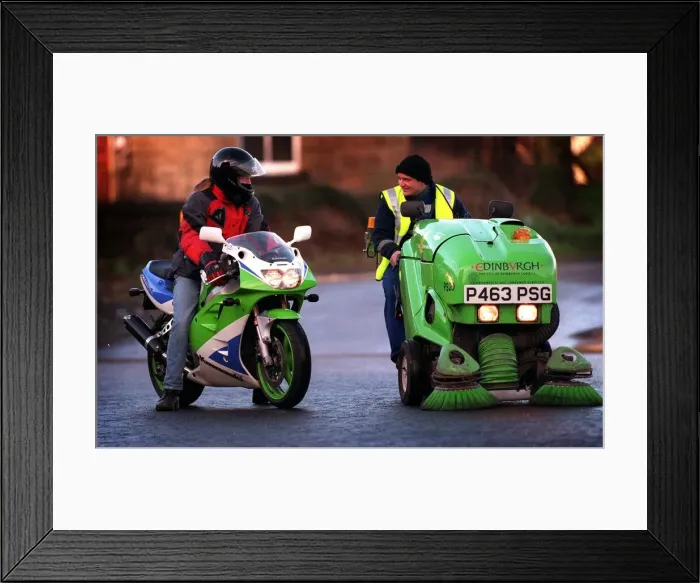 Framed Print : Greg Walker on green motorbike and Stuart Harden with his green machine road cleaner for Framed Print : Greg Walker on green motorbike and Stuart Harden with his green machine road cleaner for